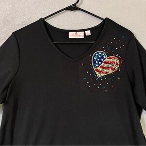 Quacker Factory Patriotic American Flag Heart Design Shirt Womens Sz M Black